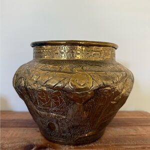Egyptian Revival Antique Brass Planter Pot Etched Design Vintage